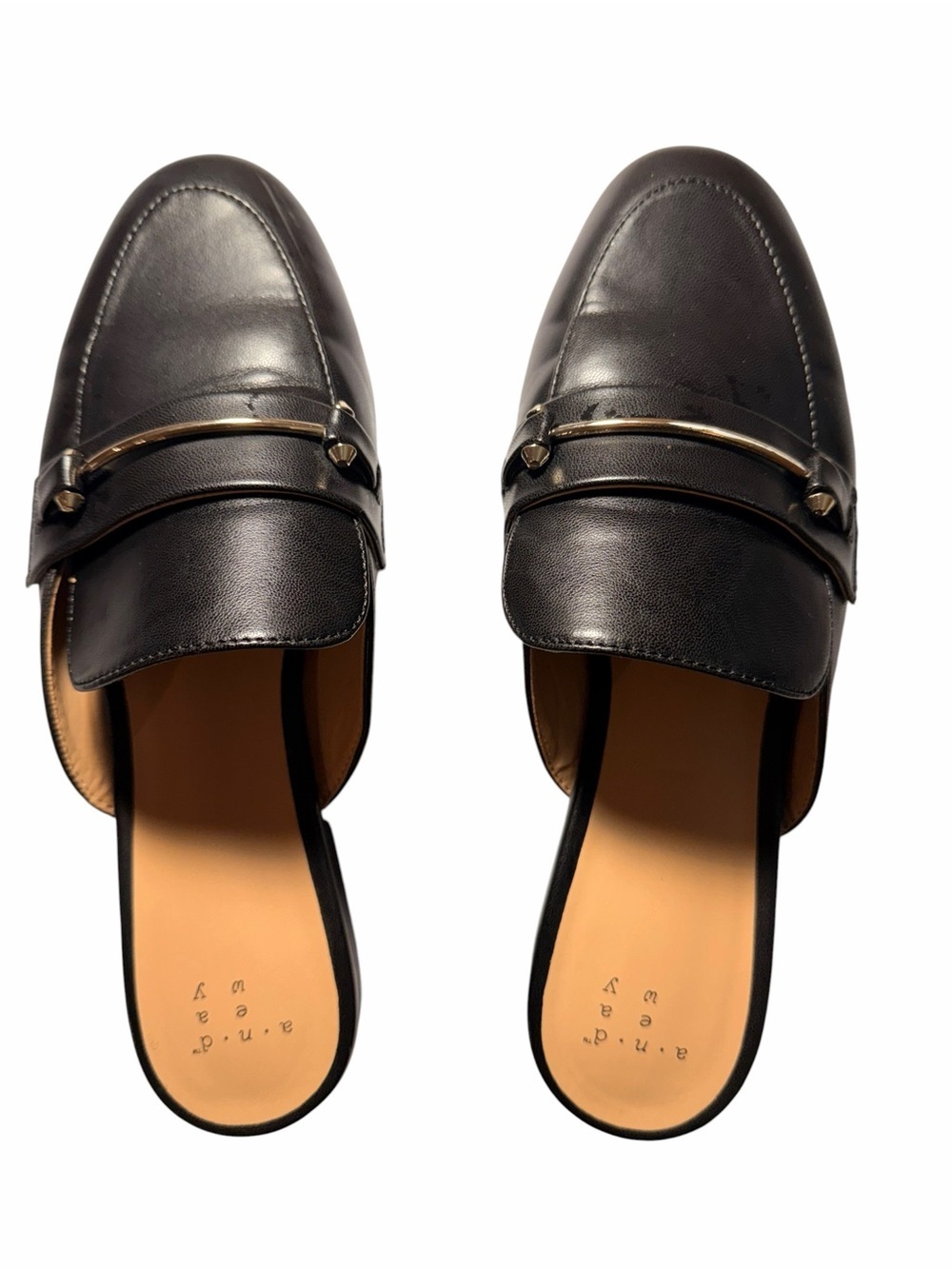 A New Day Black Leather Loafer Mule Slides Women’s 7 1/2 Gold Hardware Slip-On